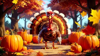thanksgiving turkey in autumn forest surrounded by pumpkins and falling leaves. festive holiday celebration, autumn harvest scene. Animation - Powered by Adobe