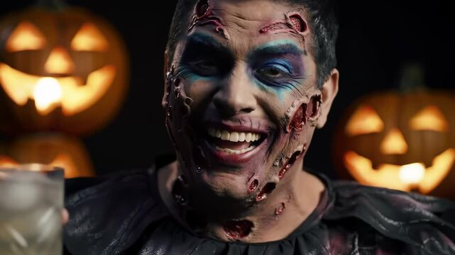 Scary man with terrifying zombie makeup smiling and holding drink in Halloween party scene with glowing pumpkins. horror celebration, creepy costume, spooky greeting