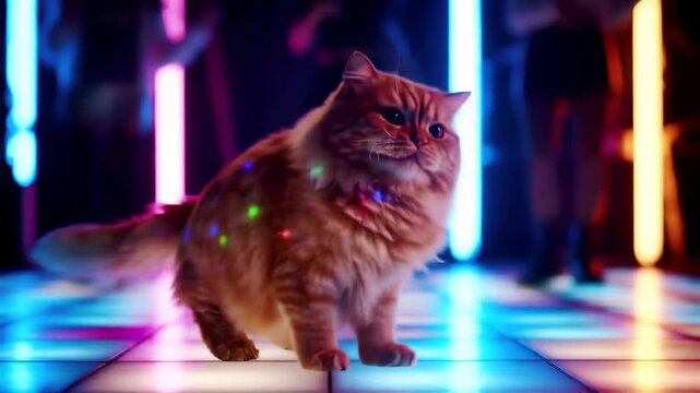cat on vibrant neon lit dance floor in a disco with colorful lights. feline fun, nightlife excitement, pet adventure, playful atmosphere