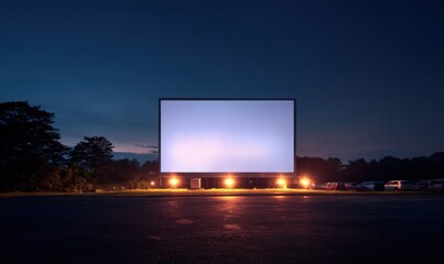 Drive-in movie theater screen illuminated at dusk, outdoor cinema experience.