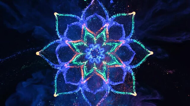 Neon paint particles swirling slow motion forming glowing mandala loop. luminescent pigment vortex gradual motion creating radiant rosette pattern.