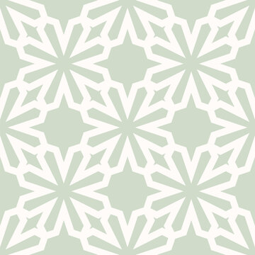 Vector seamless pattern in ethnic folk style. Simple floral geometric ornament texture with star shapes, lattice, grid. Sage green background. Retro vintage design for textile, wallpaper, decor, print