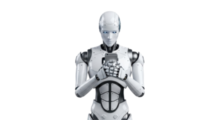 Humanoid Robot Holding Object with Focused Gaze on White Background.