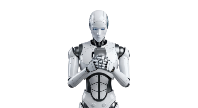 Humanoid Robot Holding Object with Focused Gaze on White Background.