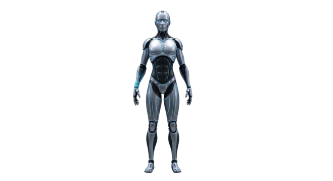 Futuristic female android robot standing in a neutral pose.