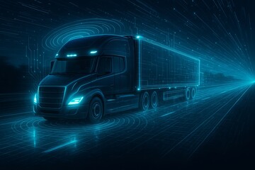 Futuristic selfdriving semitruck with sensors scanning surroundings at night digitalizing highway and autonomous vehicle technology