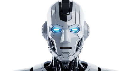 Futuristic Robot Head with Glowing Blue Eyes.