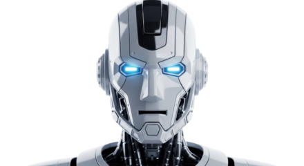 Futuristic Robot Head with Glowing Blue Eyes.