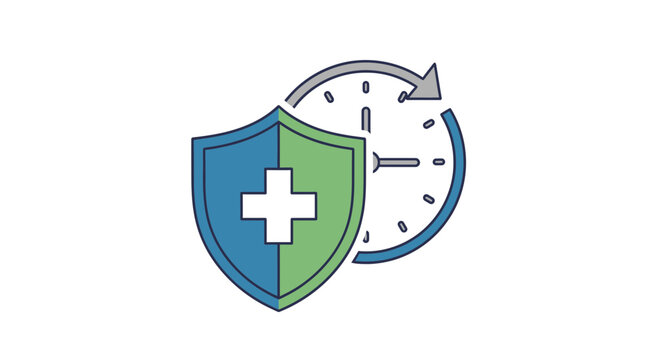 Reliable health protection concept with a shield and clock, offering security and timely medical care for peace of mind and long term wellness