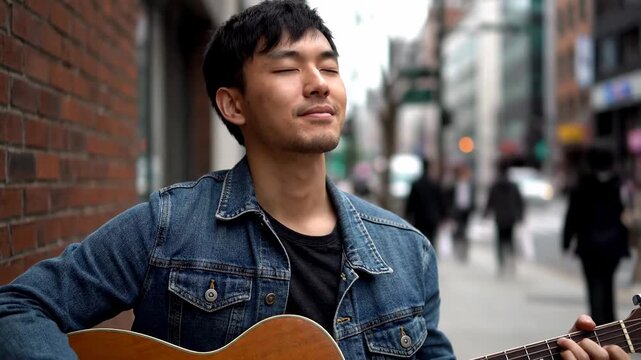 Street musician closing eyes feeling rhythm mindfully. busker shutting vision sensing cadence attentively musicality awareness harmony performance.