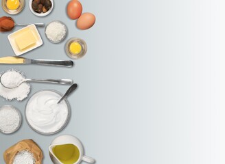 Ingredients for baking, eggs, flour, butter, milk