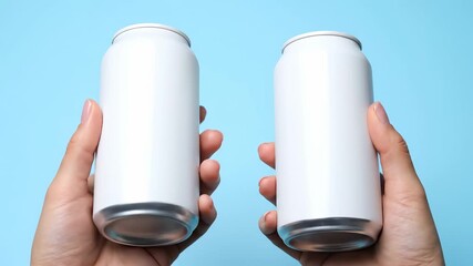 Two hands holding two identical white aluminum beverage cans against a light blue background. - Powered by Adobe