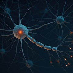 Neuron Cell Network &ndash; Abstract Scientific Illustration of Human Nervous System, Glowing Synapses, Axon Connections, High Detail 3D Render