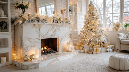 Luxury interior view of a living room with marble fireplace, sparkling Christmas tree, elegant ornaments, golden lights, and presents arranged neatly, sophisticated holiday ambiance, isolated on white