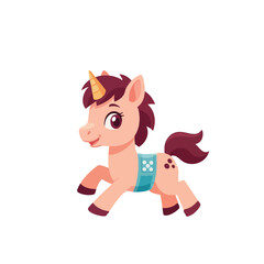 Cartoon Unicorn Trotting with Blue Saddle Blanket and Golden Horn