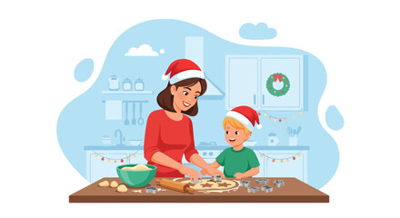 Adobe illustrator artwork vector illustration. Mother and son baking Christmas cookies in the kitchen, festive holiday season family activity