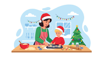 Adobe illustrator artwork vector illustration. Mother and son baking Christmas cookies in the kitchen, festive holiday season family activity