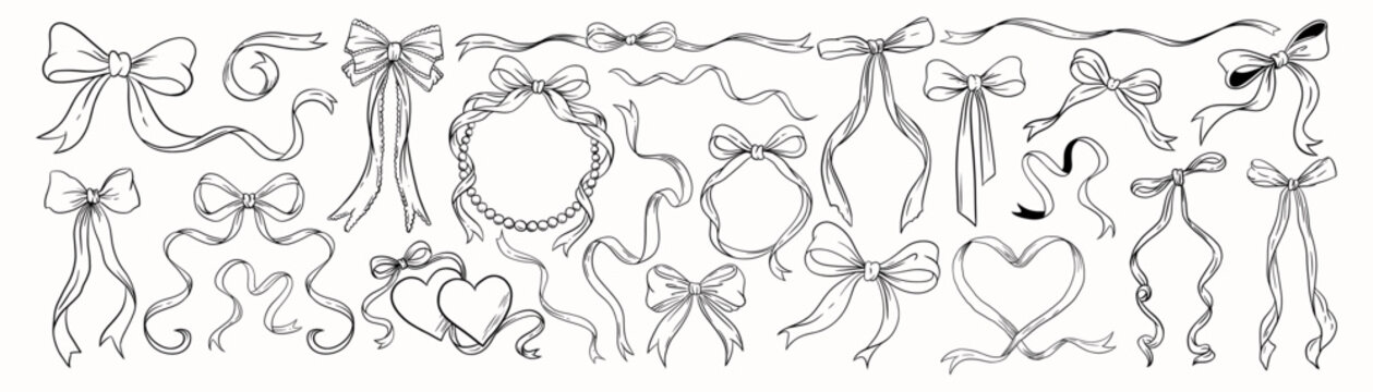 Coquette Ribbons and bows. Frames, swirls and garlands. Romantic borders and decorative elements in vintage line art style