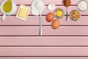 Ingredients for baking, eggs, flour, butter, milk