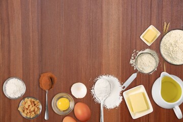Ingredients for baking, eggs, flour, butter, milk