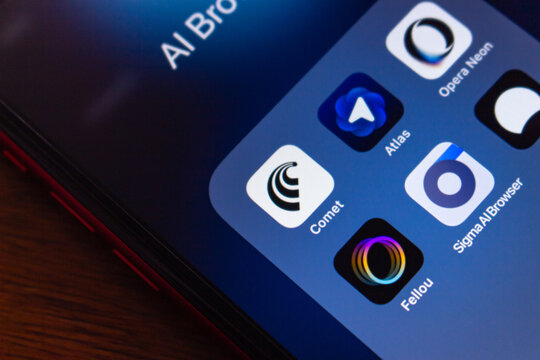 Quito, ECUADOR - Oct 21 2025 : Closeup Perplexity&rsquo;s Comet Browser and other AI browser icons including ChatGPT Atlas, Opera Neon, D&iacute;a Browser, Fellou, and Sigma AI Browser are shown on an iPhone.