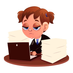 Vector illustration of a tired worker. Worker, office, fatigue, exhaustion, schedule, computer, coffee, burnout, stress, confusion