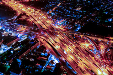 Arial view of Modern transportation with Expressway, Road and Roundabout, multilevel junction...