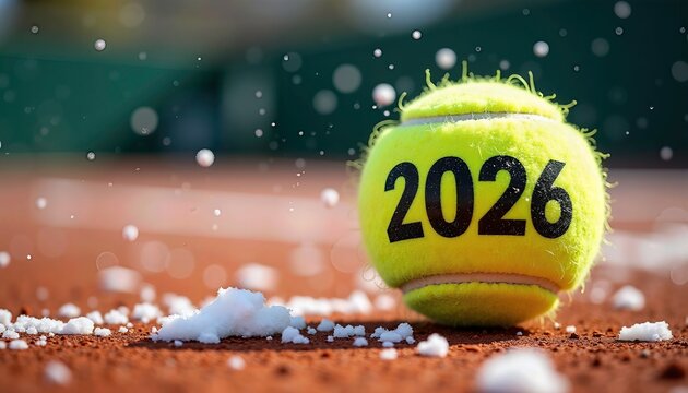 Tennis ball with "2026" labeled, resting on clay court with snow. for sports event promotion, tennis tournament ads, seasonal and festive Christmas campaigns. - Powered by Adobe