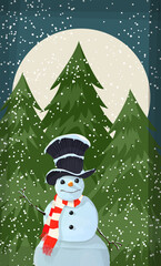 Christmas winter background with a cute snow man.Merry christmas and happy new year greeting card 