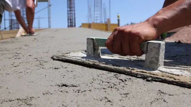 View from above, the construction workers using finishing trowels on freshly poured concrete to create a smooth, level surface at a building site. Leveling the surface of the stairs for a new house