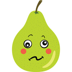 A Green Pear Character with a Confused Expression and Rosy Cheeks on a Transparent Background