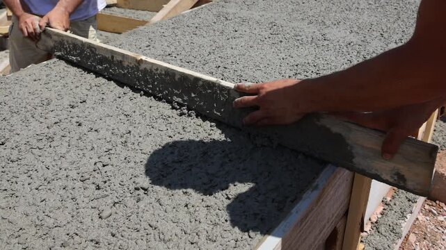 Construction workers leveling fresh concrete floor with a wooden tool at construction site. Pouring concrete into a formwork with reinforcement and leveling for building a new house