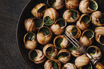 Gourmet escargot served in shells with garlic herb butter on a rustic wooden table