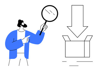 Man holding magnifying glass pointing at an open box with a downward arrow. Ideal for research, review, delivery, download, inspection, e-commerce, and logistics. Modern simple flat metaphor