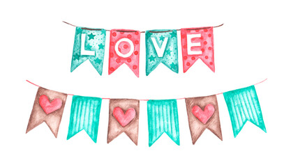 Festive flags. Watercolor illustration set. Valentine's Day. February 14th. Love, romance, wedding. Vintage. Cartoon. Isolated illustrations. For printing on greeting cards, stickers, invitations