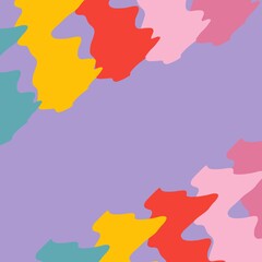 Abstract colorful background with organic shapes in red, yellow, pink, and teal on a purple base. Modern minimalist design perfect for posters, digital art, or creative graphic projects.
