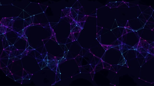 Abstract digital network background featuring glowing purple, blue, and pink interconnected dots and lines, symbolizing data, technology, and complex systems.