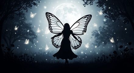 Enchanting fairy figure silhouetted magical a glowing moonlite forest scene