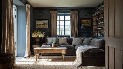 Living room interior with rustic farmhouse style, cozy feel, dark walls, and vintage furniture, natural light beaming through window