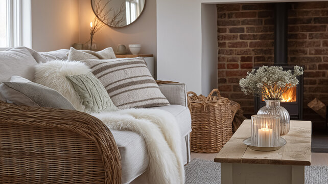 Cozy living room interior with warm fireplace, sofa, cushions, and country rustic home decor