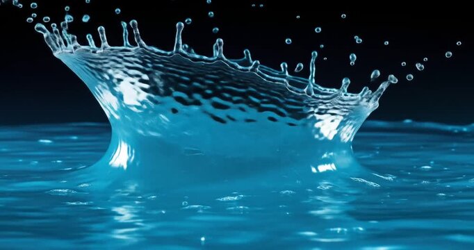 Water drop impact creating a crown splash on a dark background.