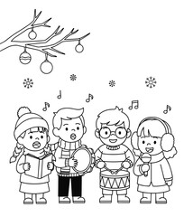 Children Singing Christmas Carols and Playing Instruments, Coloring Book Illustration