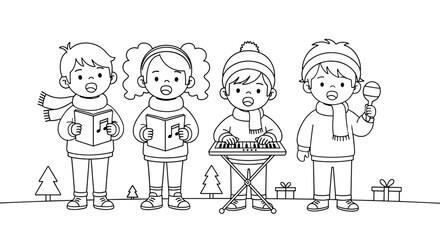 Children Singing Christmas Carols and Playing Music, Coloring Book Illustration