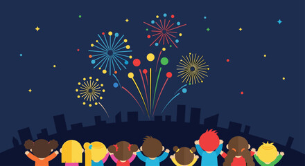 Children Watching a Colorful Firework Display Over a City Skyline