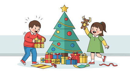 Children Opening Gifts Next to a Decorated Christmas Tree Illustration