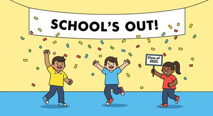 Diverse Children Celebrating School's Out with Confetti and Banner