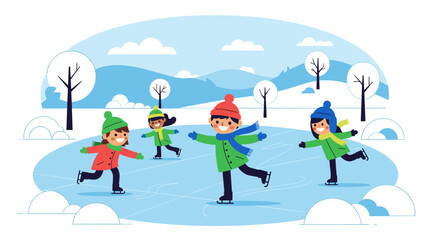 Diverse Children Ice Skating Outdoors in a Winter Landscape Illustration