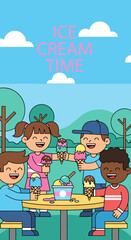 Diverse Children Enjoying Ice Cream at a Park Table Vertical Banner
