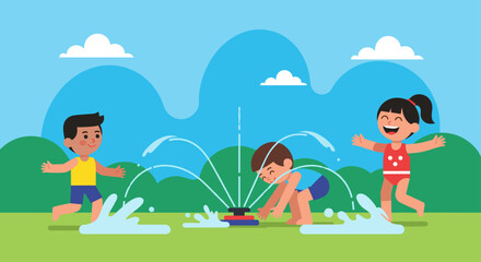 Diverse Children Playing with a Sprinkler in the Park Illustration
