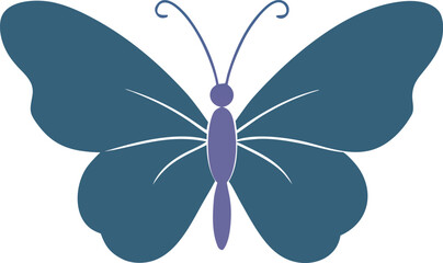 Silhouette of a butterfly with deep blue wings and a purple body on a white background. The design is simple, conveying elegance and tranquility.